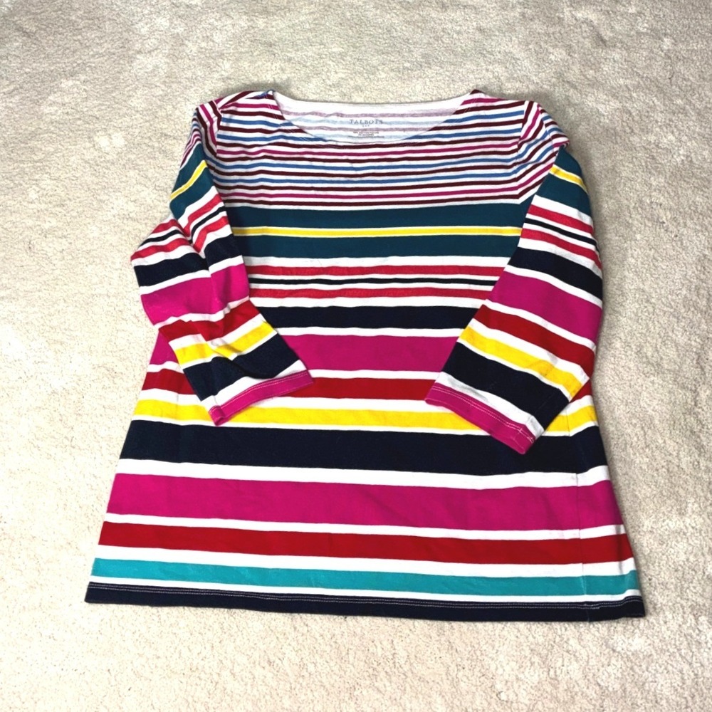 Talbots Multicolor Striped‎ Top - M - 3/4 Sleeve Boat Neck Cotton Blend Preppy